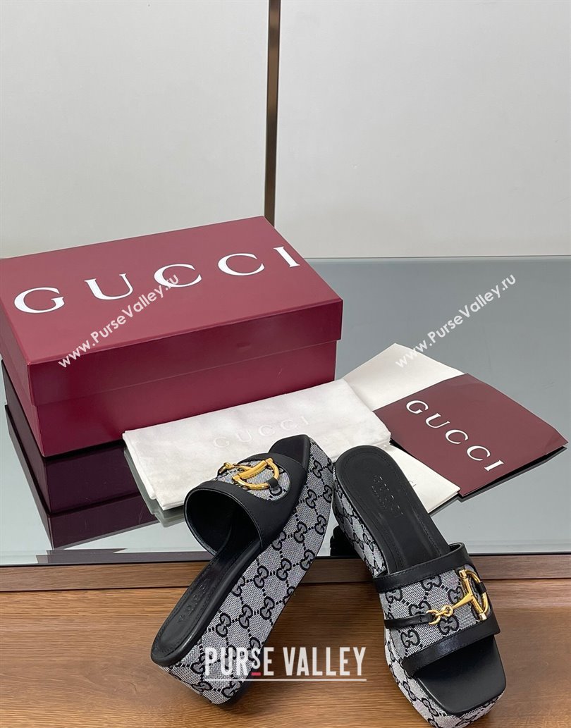 Gucci Wedge Slides Sandal 6.3cm in GG Canvas and Lambskin with Horsebit Black 2025 0609 (MD-250609111)
