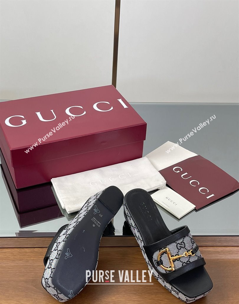 Gucci Wedge Slides Sandal 6.3cm in GG Canvas and Lambskin with Horsebit Black 2025 0609 (MD-250609111)