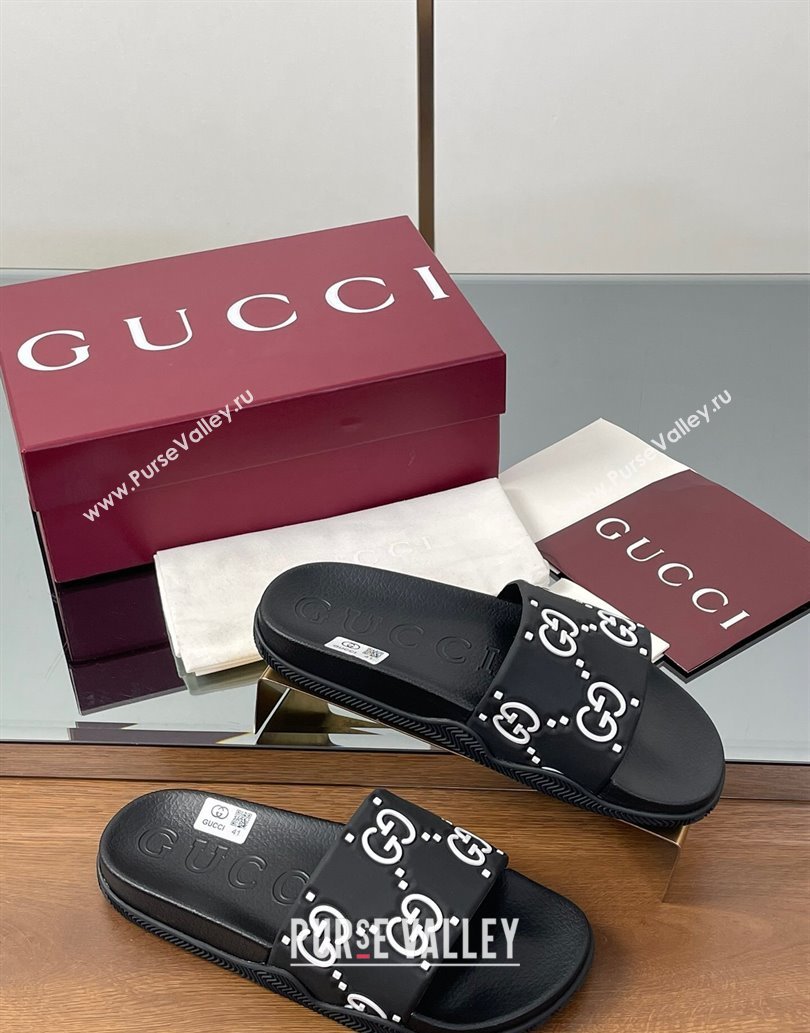 Gucci GG Rubber Flat Slides Sandal Black/White 2025 0609 (MD-250609130)