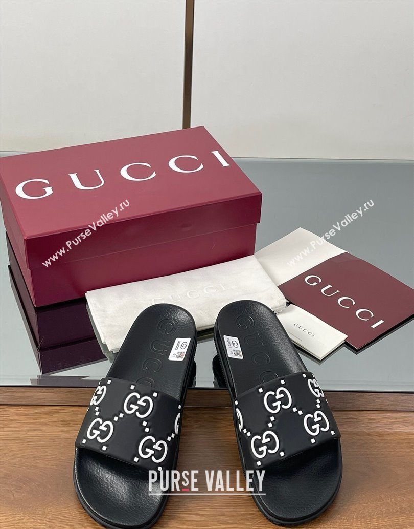 Gucci GG Rubber Flat Slides Sandal Black/White 2025 0609 (MD-250609130)