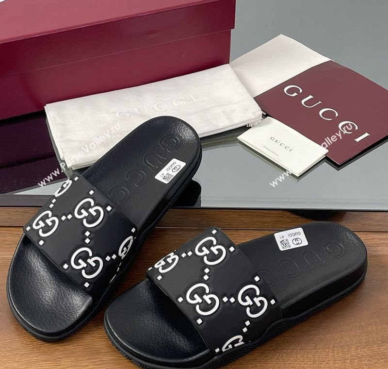 Gucci GG Rubber Flat Slides Sandal Black/White 2025 0609 (MD-250609130)