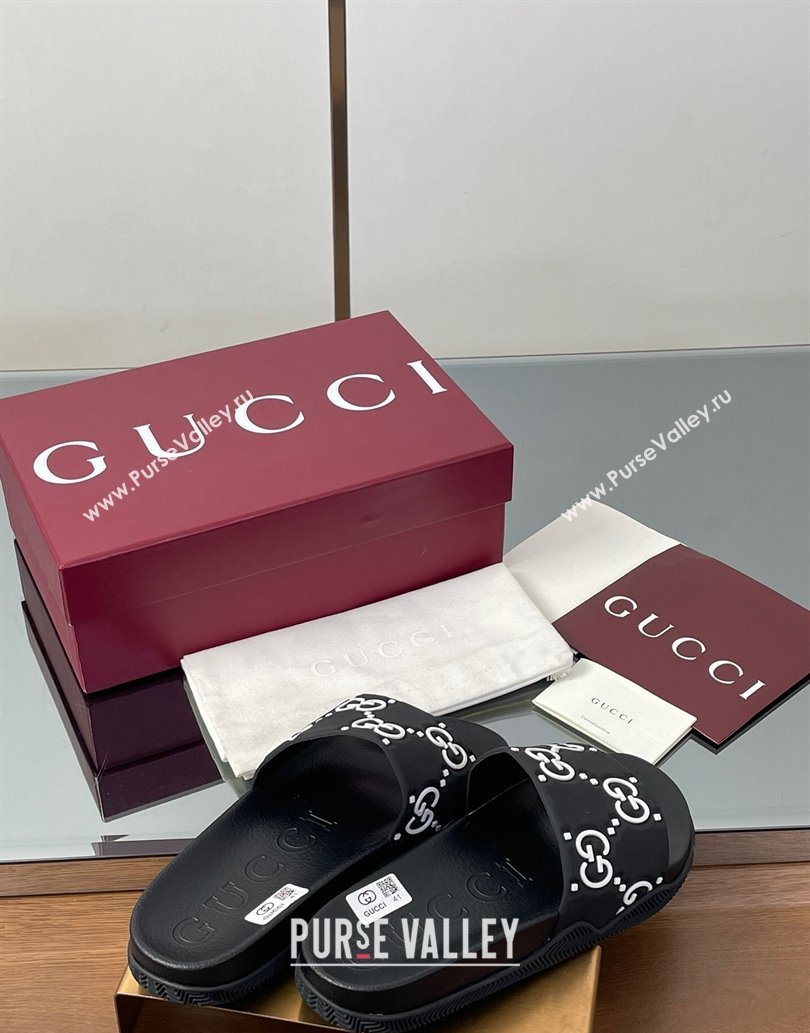 Gucci GG Rubber Flat Slides Sandal Black/White 2025 0609 (MD-250609130)
