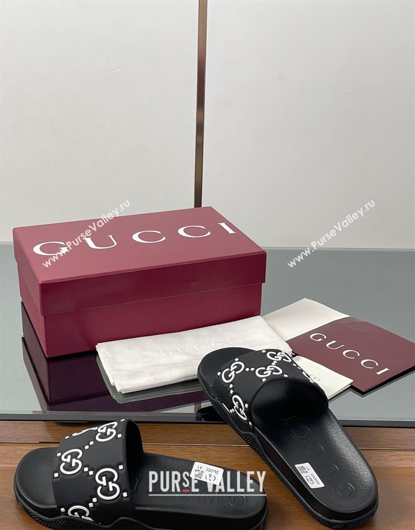 Gucci GG Rubber Flat Slides Sandal Black/White 2025 0609 (MD-250609130)