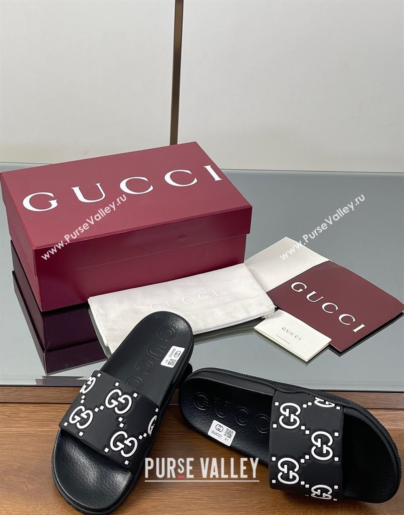 Gucci GG Rubber Flat Slides Sandal Black/White 2025 0609 (MD-250609130)