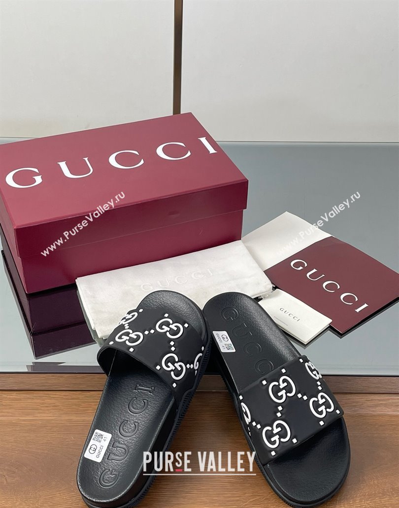 Gucci GG Rubber Flat Slides Sandal Black/White 2025 0609 (MD-250609130)