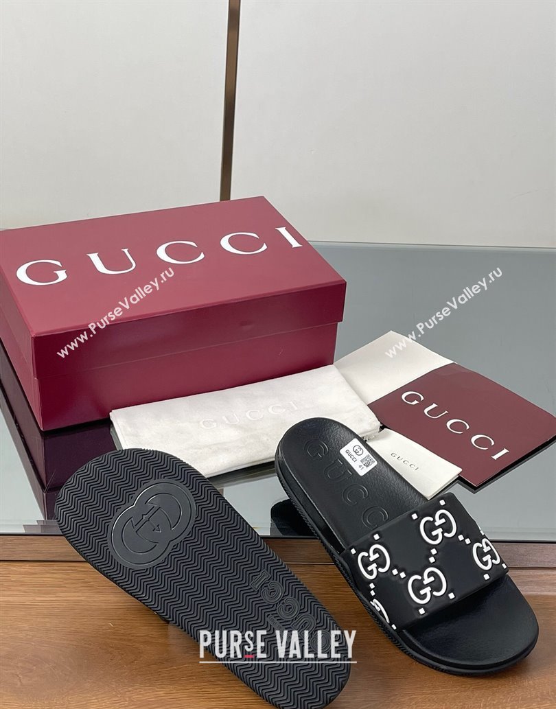 Gucci GG Rubber Flat Slides Sandal Black/White 2025 0609 (MD-250609130)