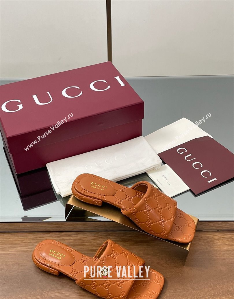 Gucci Flat Slides Sandal in GG Calf Leather Brown 2025 816330 (MD-250609137)