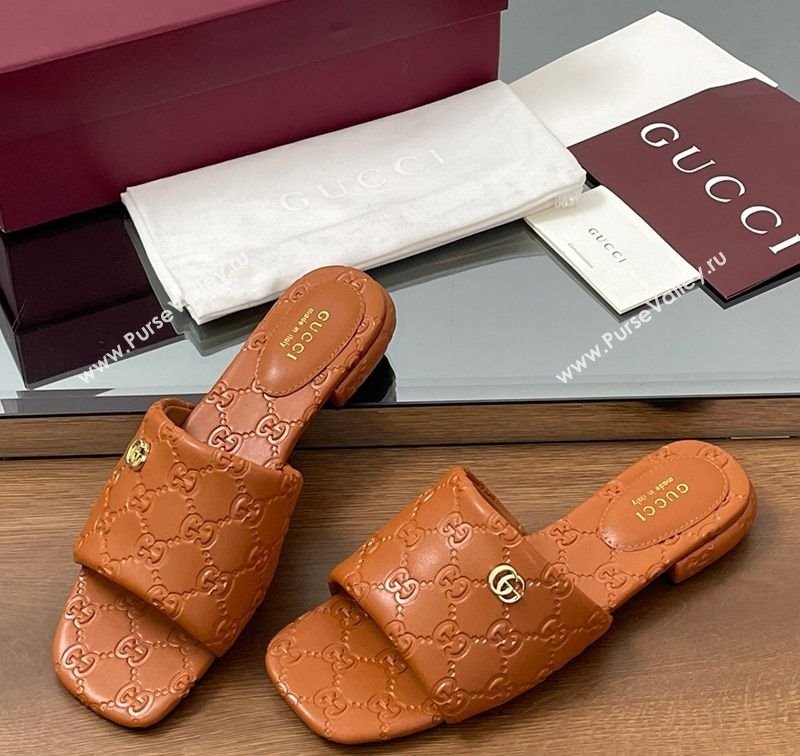 Gucci Flat Slides Sandal in GG Calf Leather Brown 2025 816330 (MD-250609137)