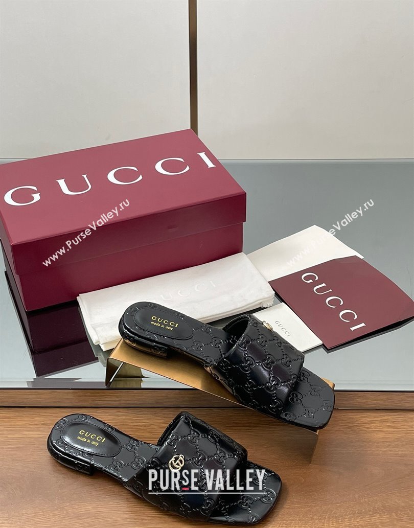 Gucci Flat Slides Sandal in Shiny GG Leather Black 2025 816330 (MD-250609139)