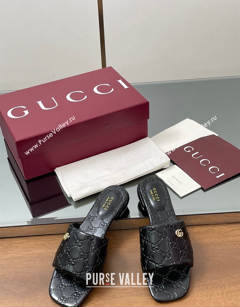 Gucci Flat Slides Sandal in Shiny GG Leather Black 2025 816330 (MD-250609139)