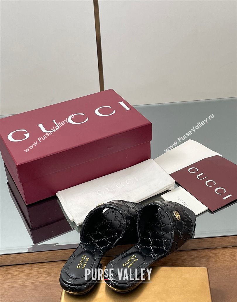 Gucci Flat Slides Sandal in Shiny GG Leather Black 2025 816330 (MD-250609139)