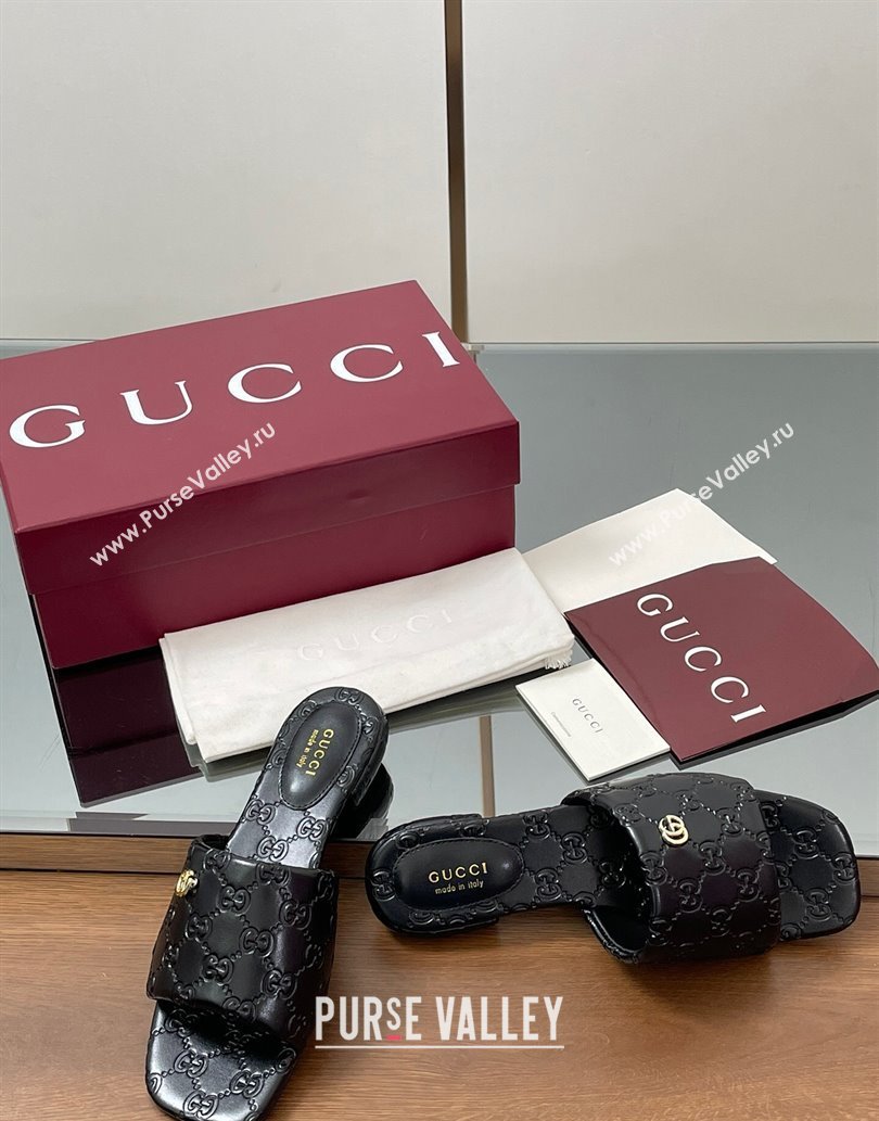 Gucci Flat Slides Sandal in Shiny GG Leather Black 2025 816330 (MD-250609139)