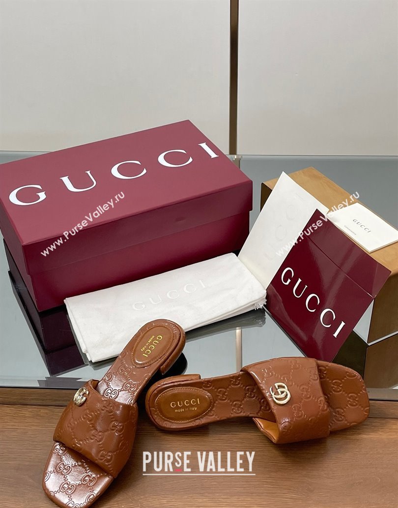 Gucci Flat Slides Sandal in Shiny GG Leather Brown 2025 816330 (MD-250609142)