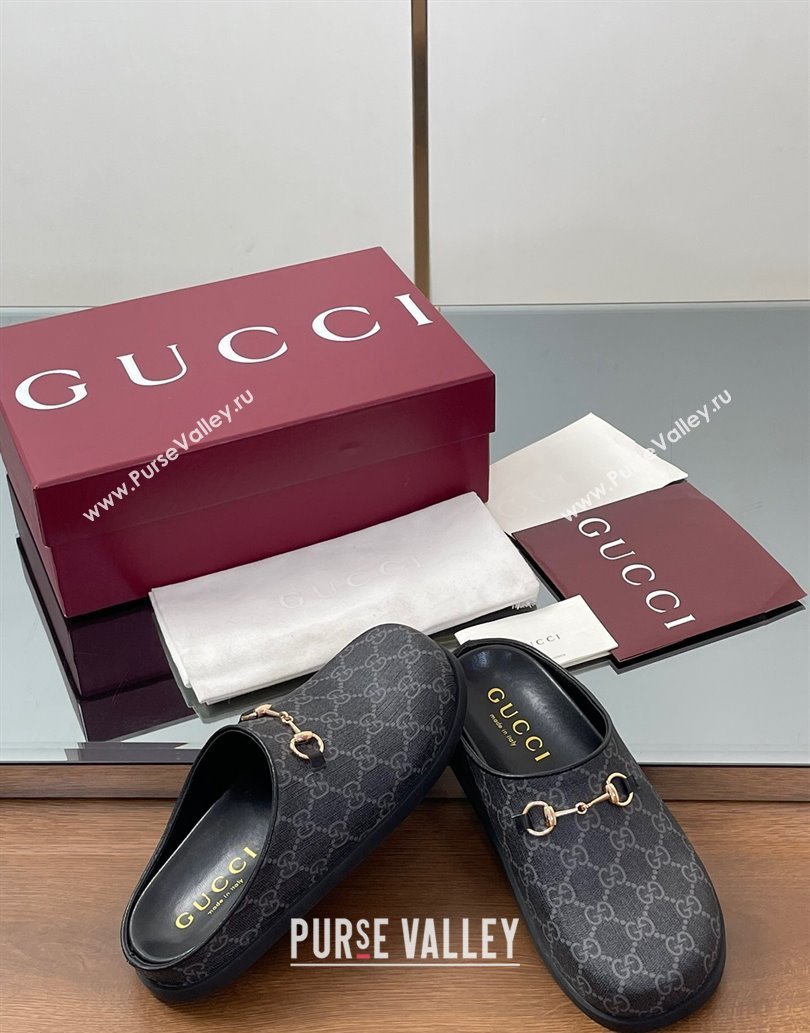 Gucci GG Canvas Mules with Horsebit Black/Grey 2025 0609 (MD-250609071)