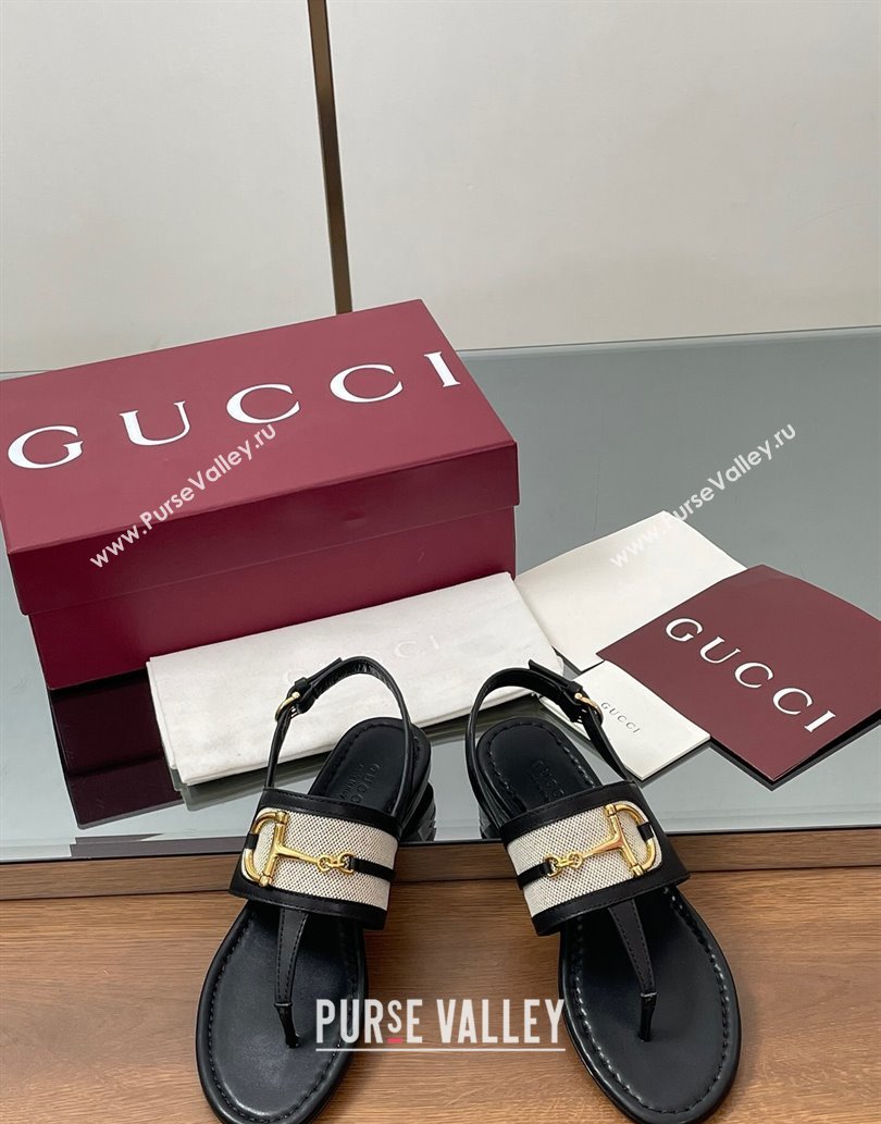 Gucci Flat Thong Sandals in Canvas and Leather with Horsebit Black 2025 ‎834431 (MD-250609121)