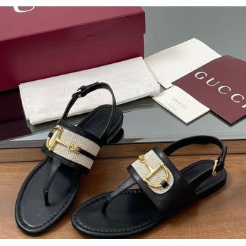 Gucci Flat Thong Sandals in Canvas and Leather with Horsebit Black 2025 ‎834431 (MD-250609121)