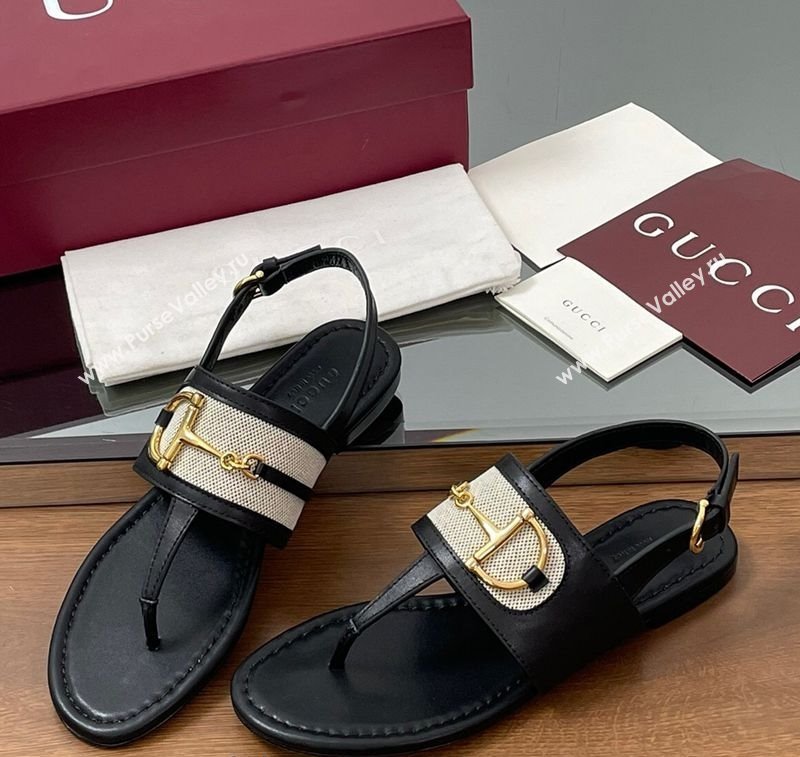 Gucci Flat Thong Sandals in Canvas and Leather with Horsebit Black 2025 ‎834431 (MD-250609121)
