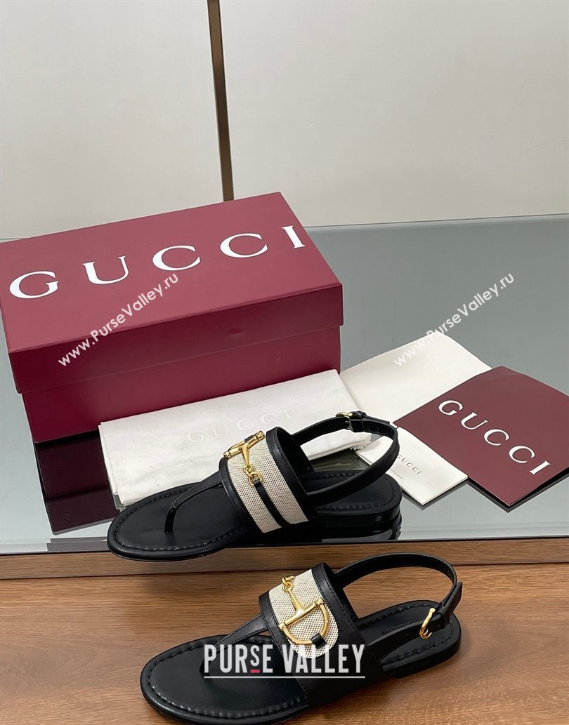 Gucci Flat Thong Sandals in Canvas and Leather with Horsebit Black 2025 ‎834431 (MD-250609121)