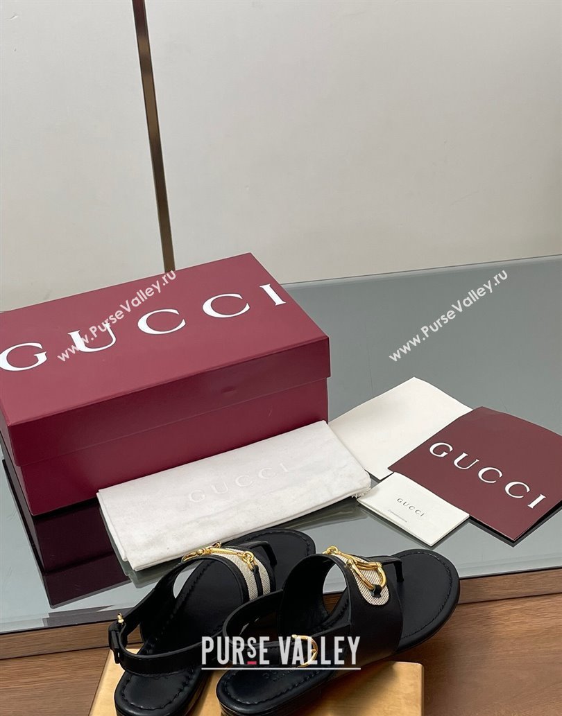 Gucci Flat Thong Sandals in Canvas and Leather with Horsebit Black 2025 ‎834431 (MD-250609121)