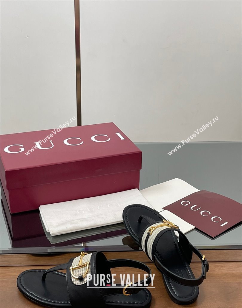 Gucci Flat Thong Sandals in Canvas and Leather with Horsebit Black 2025 ‎834431 (MD-250609121)