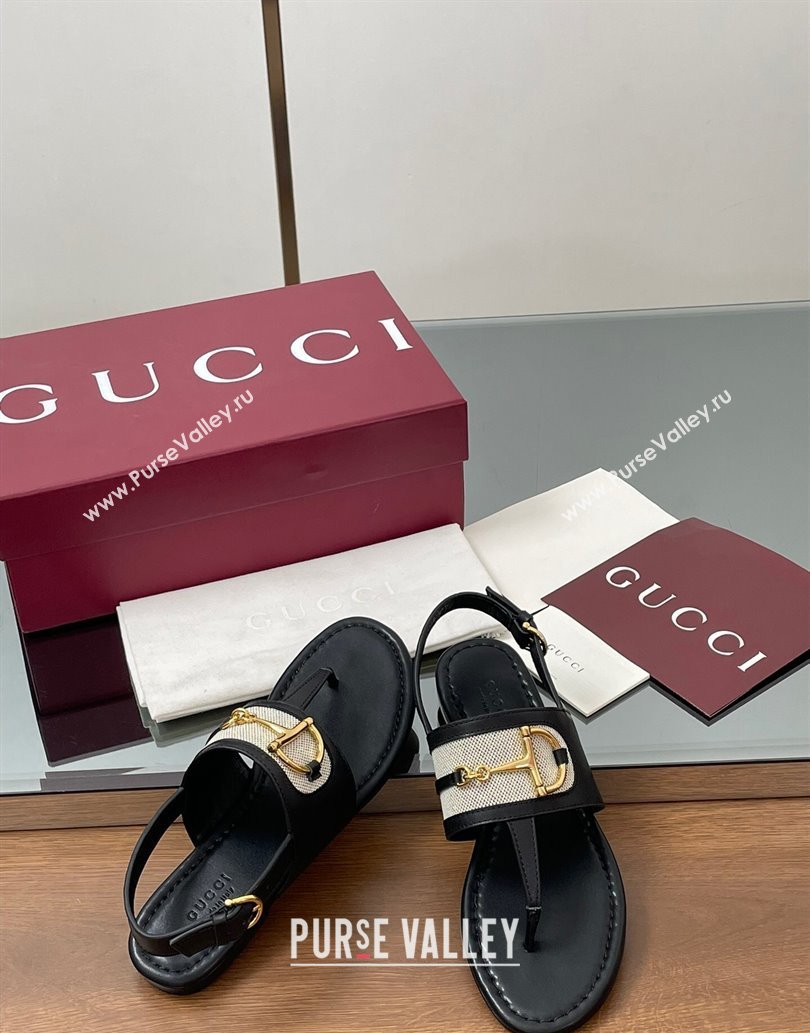 Gucci Flat Thong Sandals in Canvas and Leather with Horsebit Black 2025 ‎834431 (MD-250609121)
