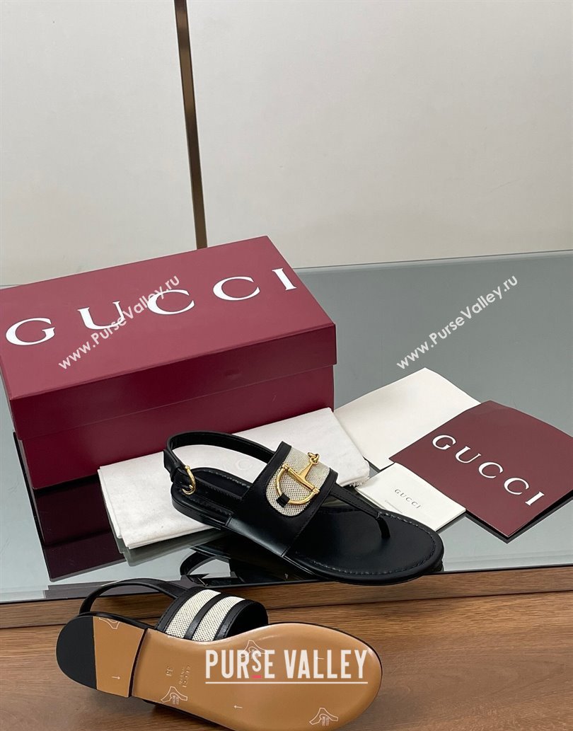 Gucci Flat Thong Sandals in Canvas and Leather with Horsebit Black 2025 ‎834431 (MD-250609121)