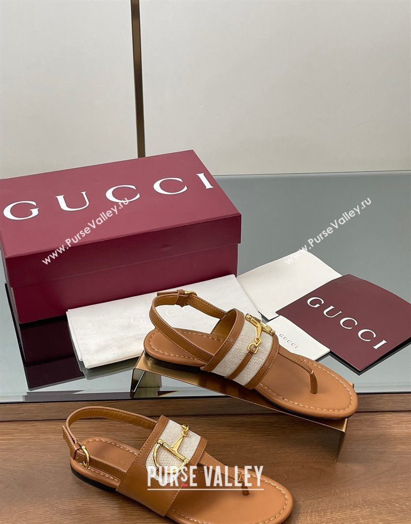 Gucci Flat Thong Sandals in Canvas and Leather with Horsebit Light Brown 2025 ‎834431 (MD-250609122)