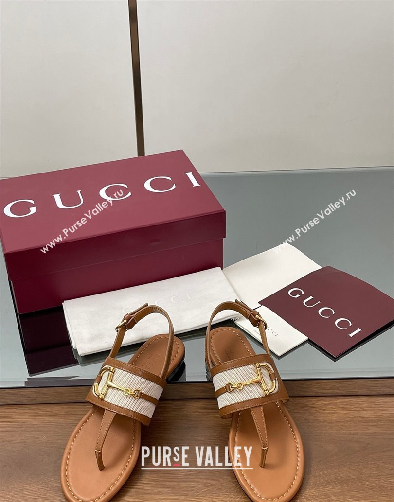 Gucci Flat Thong Sandals in Canvas and Leather with Horsebit Light Brown 2025 ‎834431 (MD-250609122)