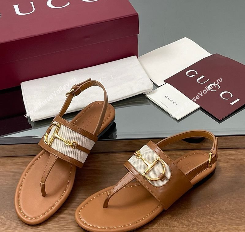 Gucci Flat Thong Sandals in Canvas and Leather with Horsebit Light Brown 2025 ‎834431 (MD-250609122)