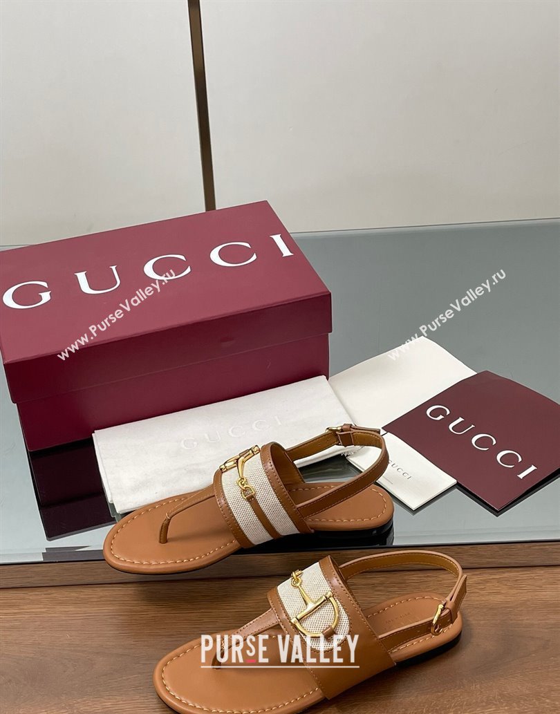 Gucci Flat Thong Sandals in Canvas and Leather with Horsebit Light Brown 2025 ‎834431 (MD-250609122)