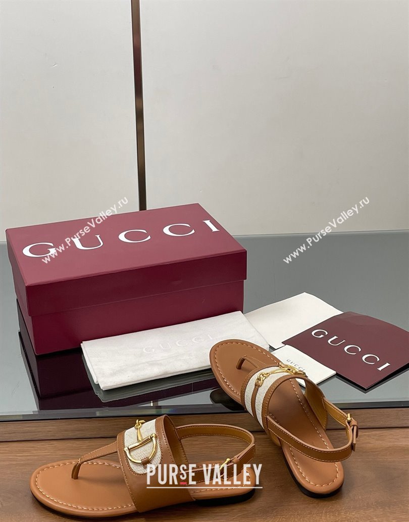 Gucci Flat Thong Sandals in Canvas and Leather with Horsebit Light Brown 2025 ‎834431 (MD-250609122)