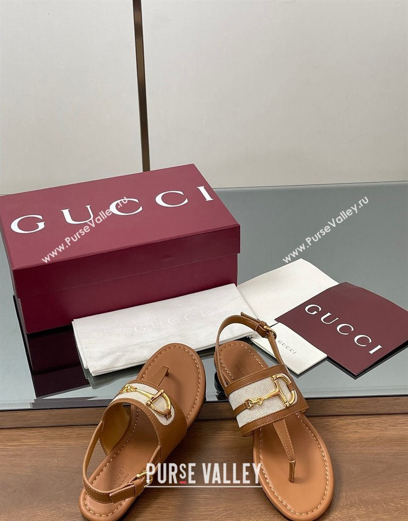 Gucci Flat Thong Sandals in Canvas and Leather with Horsebit Light Brown 2025 ‎834431 (MD-250609122)