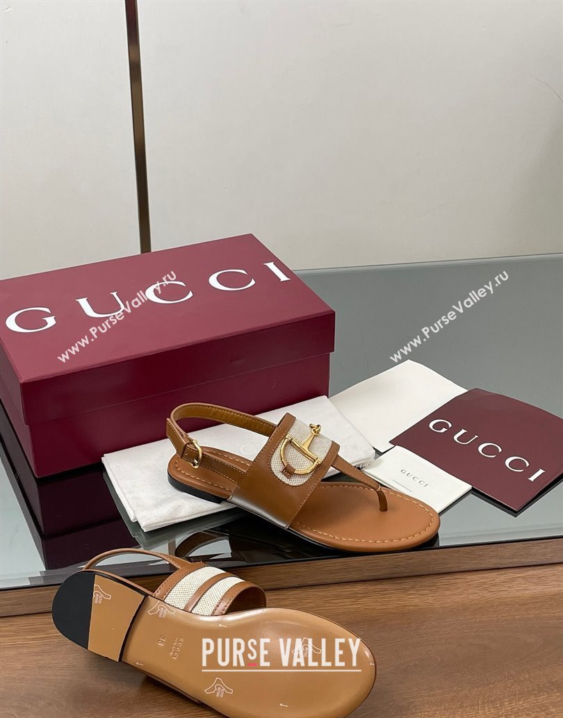 Gucci Flat Thong Sandals in Canvas and Leather with Horsebit Light Brown 2025 ‎834431 (MD-250609122)