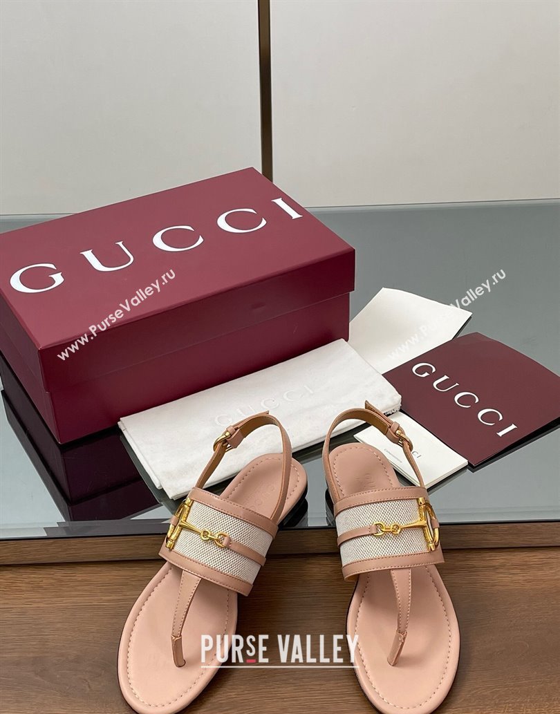 Gucci Flat Thong Sandals in Canvas and Leather with Horsebit Light Pink 2025 ‎834431 (MD-250609123)