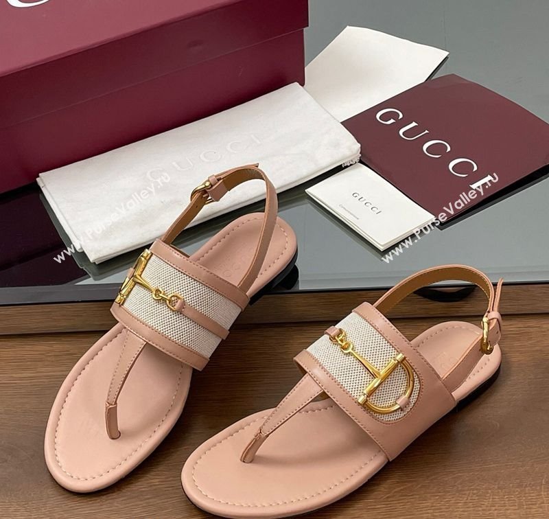 Gucci Flat Thong Sandals in Canvas and Leather with Horsebit Light Pink 2025 ‎834431 (MD-250609123)