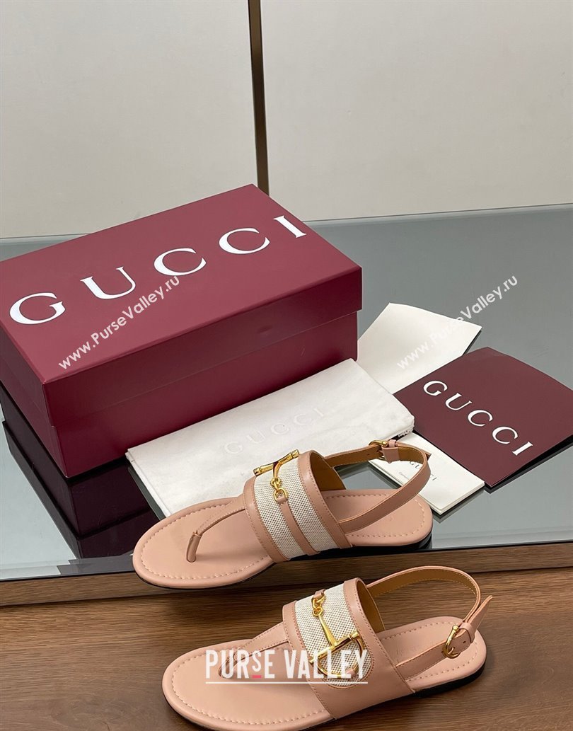 Gucci Flat Thong Sandals in Canvas and Leather with Horsebit Light Pink 2025 ‎834431 (MD-250609123)