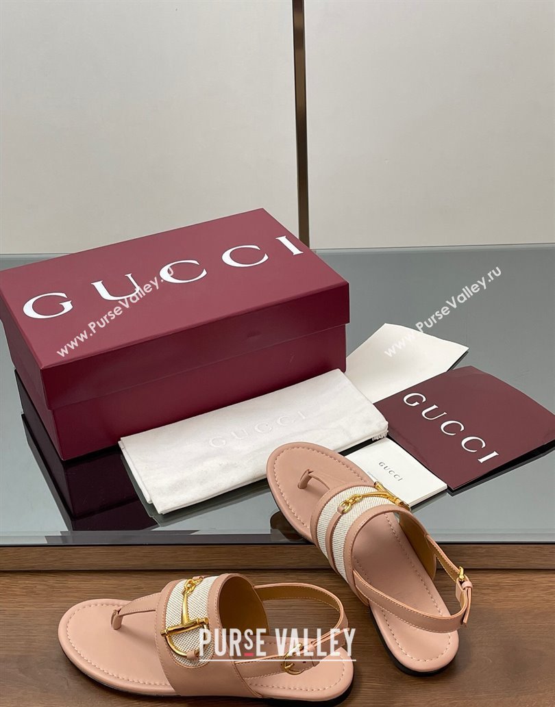 Gucci Flat Thong Sandals in Canvas and Leather with Horsebit Light Pink 2025 ‎834431 (MD-250609123)