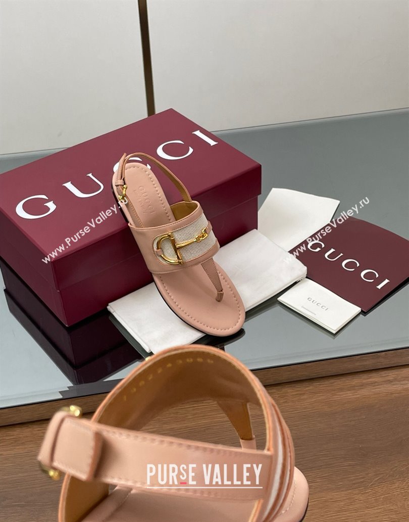 Gucci Flat Thong Sandals in Canvas and Leather with Horsebit Light Pink 2025 ‎834431 (MD-250609123)