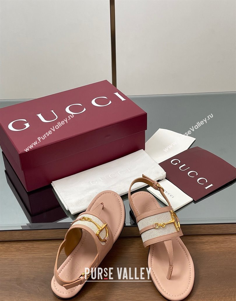 Gucci Flat Thong Sandals in Canvas and Leather with Horsebit Light Pink 2025 ‎834431 (MD-250609123)