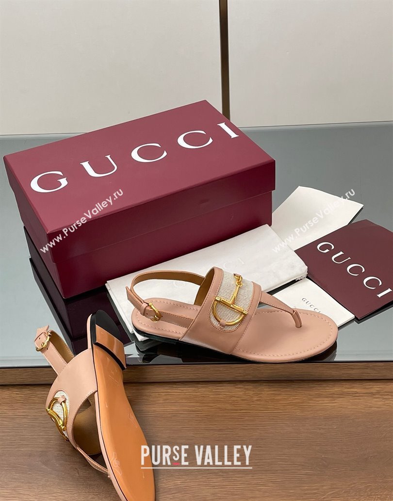 Gucci Flat Thong Sandals in Canvas and Leather with Horsebit Light Pink 2025 ‎834431 (MD-250609123)
