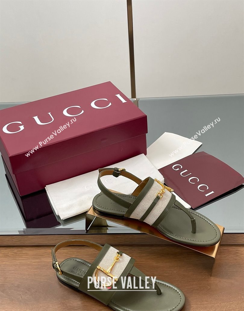 Gucci Flat Thong Sandals in Canvas and Leather with Horsebit Green 2025 ‎834431 (MD-250609124)