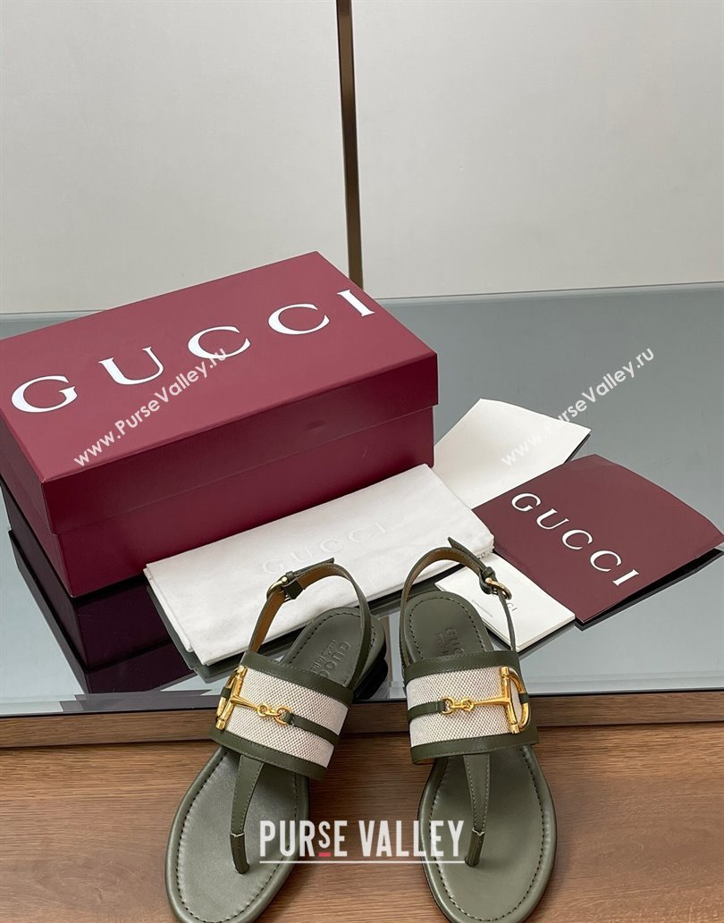 Gucci Flat Thong Sandals in Canvas and Leather with Horsebit Green 2025 ‎834431 (MD-250609124)