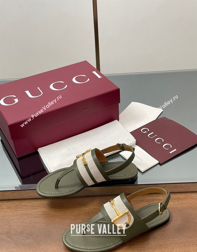Gucci Flat Thong Sandals in Canvas and Leather with Horsebit Green 2025 ‎834431 (MD-250609124)