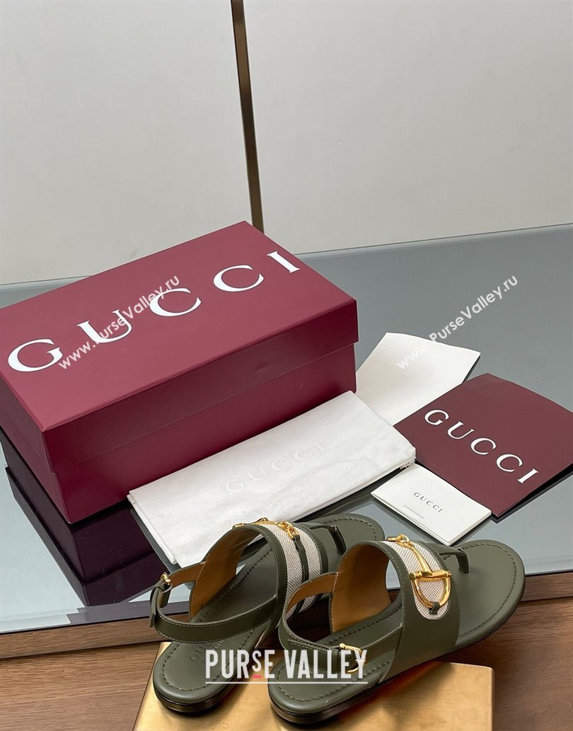 Gucci Flat Thong Sandals in Canvas and Leather with Horsebit Green 2025 ‎834431 (MD-250609124)
