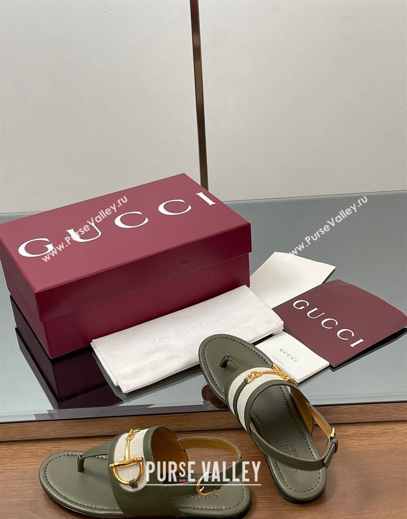 Gucci Flat Thong Sandals in Canvas and Leather with Horsebit Green 2025 ‎834431 (MD-250609124)