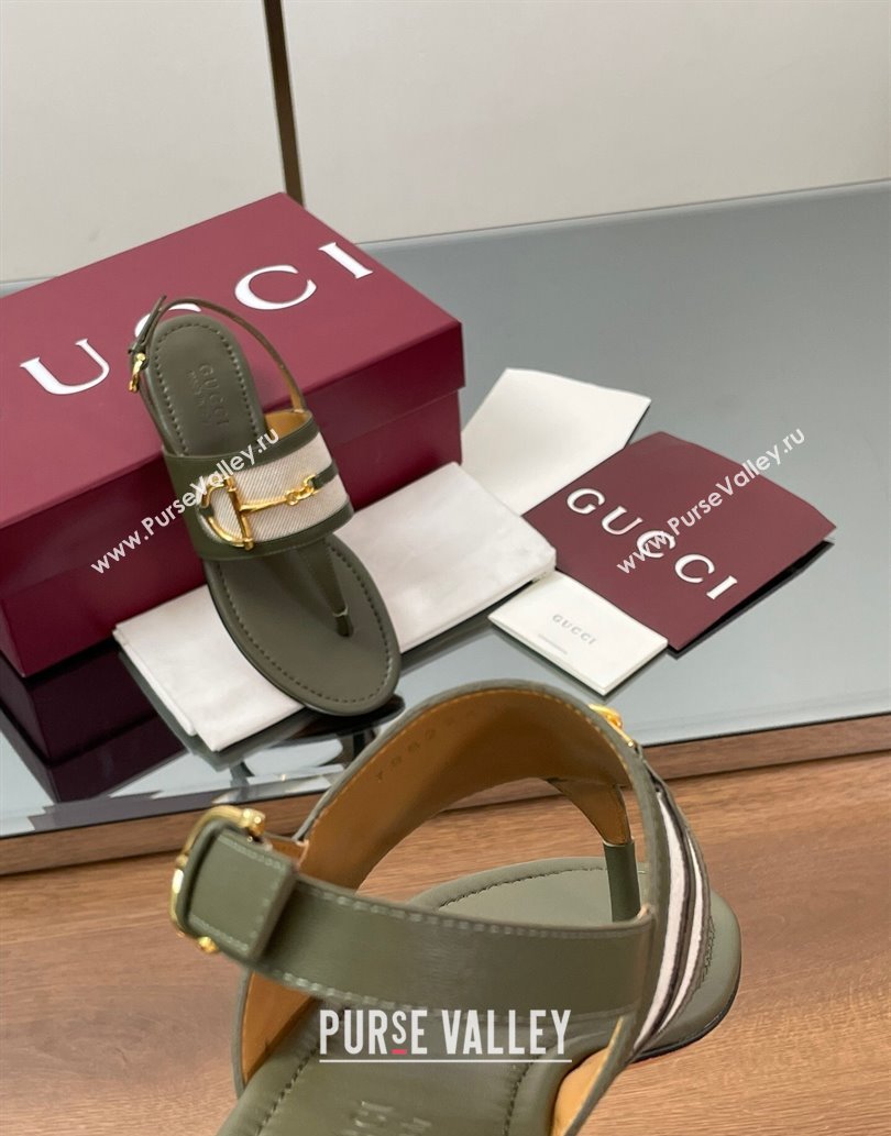 Gucci Flat Thong Sandals in Canvas and Leather with Horsebit Green 2025 ‎834431 (MD-250609124)