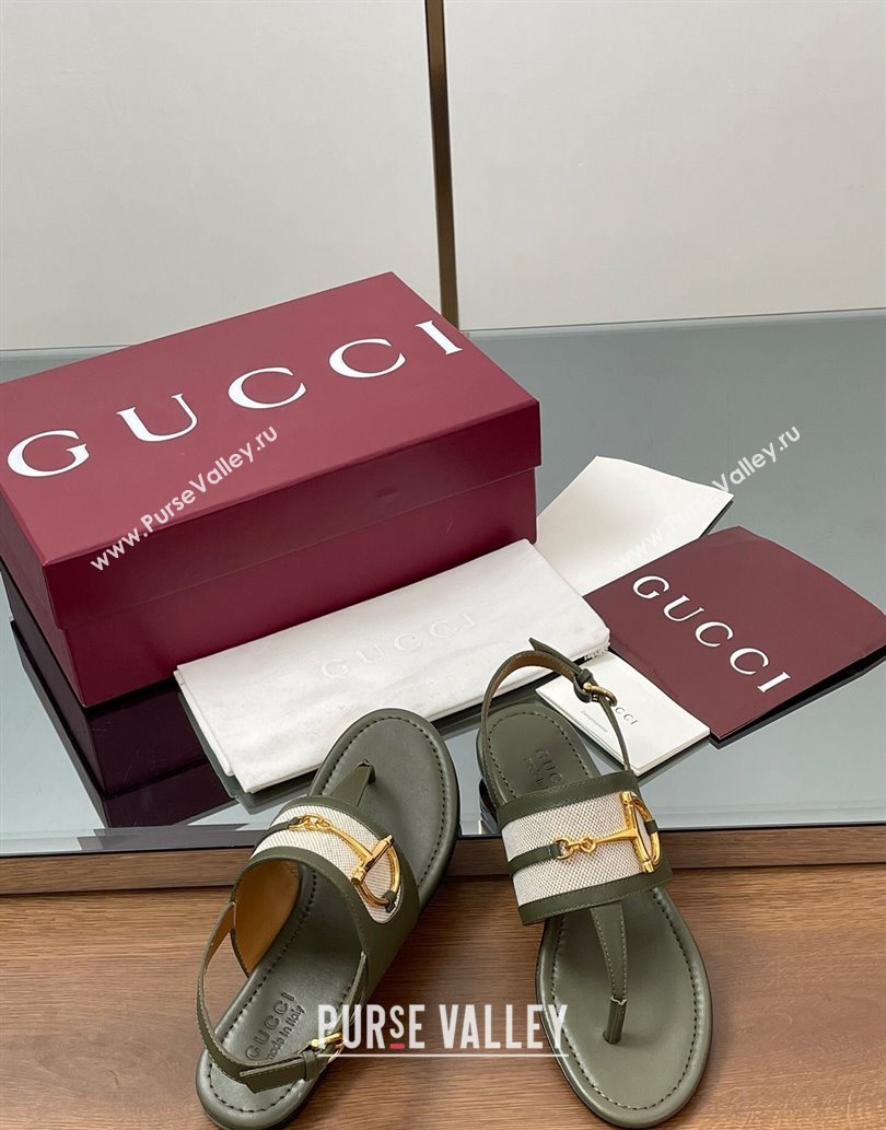 Gucci Flat Thong Sandals in Canvas and Leather with Horsebit Green 2025 ‎834431 (MD-250609124)