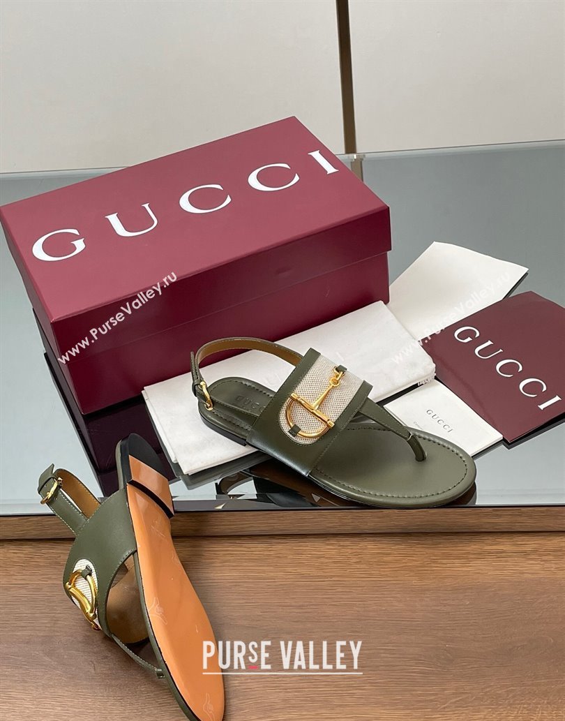 Gucci Flat Thong Sandals in Canvas and Leather with Horsebit Green 2025 ‎834431 (MD-250609124)