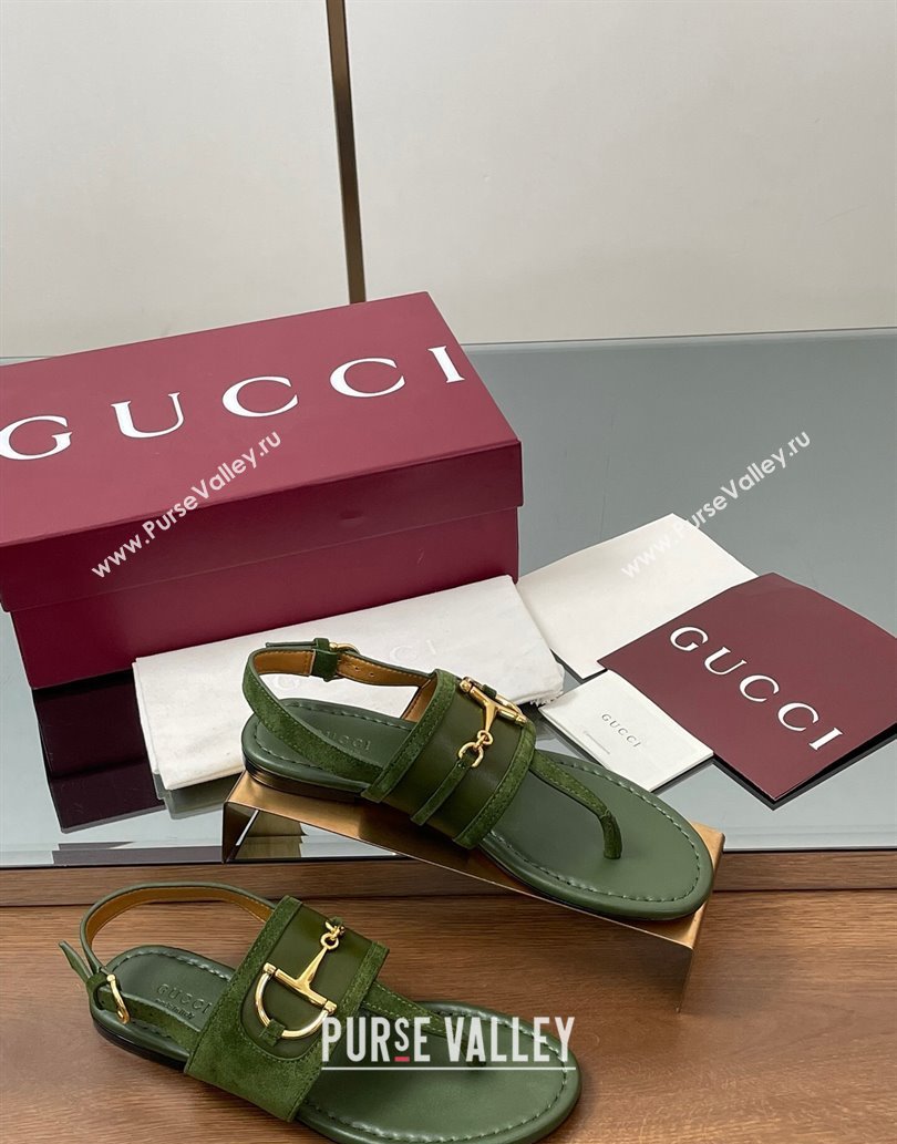 Gucci Flat Thong Sandals in Suede Trim and Leather with Horsebit Green 2025 ‎834431 (MD-250609125)