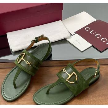 Gucci Flat Thong Sandals in Suede Trim and Leather with Horsebit Green 2025 ‎834431 (MD-250609125)